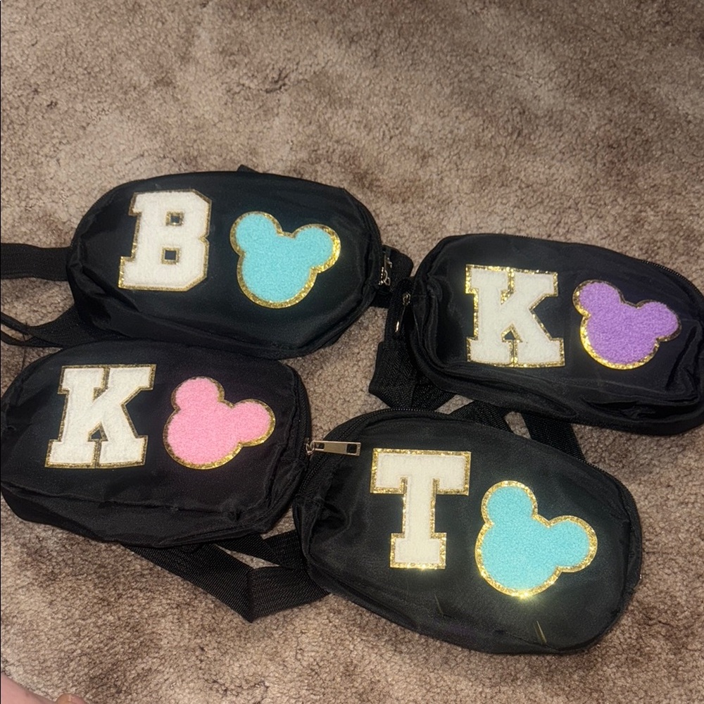 Black Belt Bags with Colorful Initials & Mickey Patch